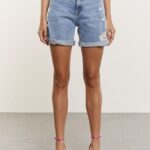 KAT-N Distressed Denim Shorts Blue. High waist, regular fit, wide leg, Materials 100% cotton