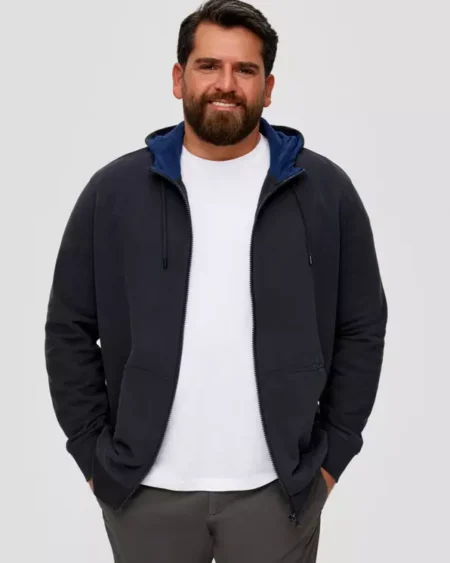 Sweatshirt Jacket with a Hood Navy, Plus Size. Fit: Regular Fit Sleeves: long sleevesribbed cuffs Style: in a casual lookIn a casual look. Quality: soft MATERIAL COMPOSITION Outer fabric: 40% Polyester, 60% Cotton