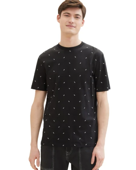 Mens All-over-mini Leaf Print T-shirt Black White. Ανδρικό μακό μπλουζάκι με στρόγγυλο λαιμό και κοντό μανίκι. Νεανικό ύφος. Συνδύασε το για βραδινά outfits με λευκό ή μαύρο τζιν.